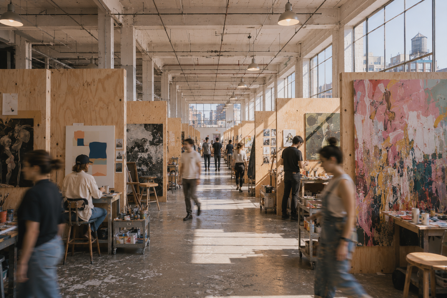 A wide view down an Atelier floor — plywood-walled studios, working artists, and large-format work