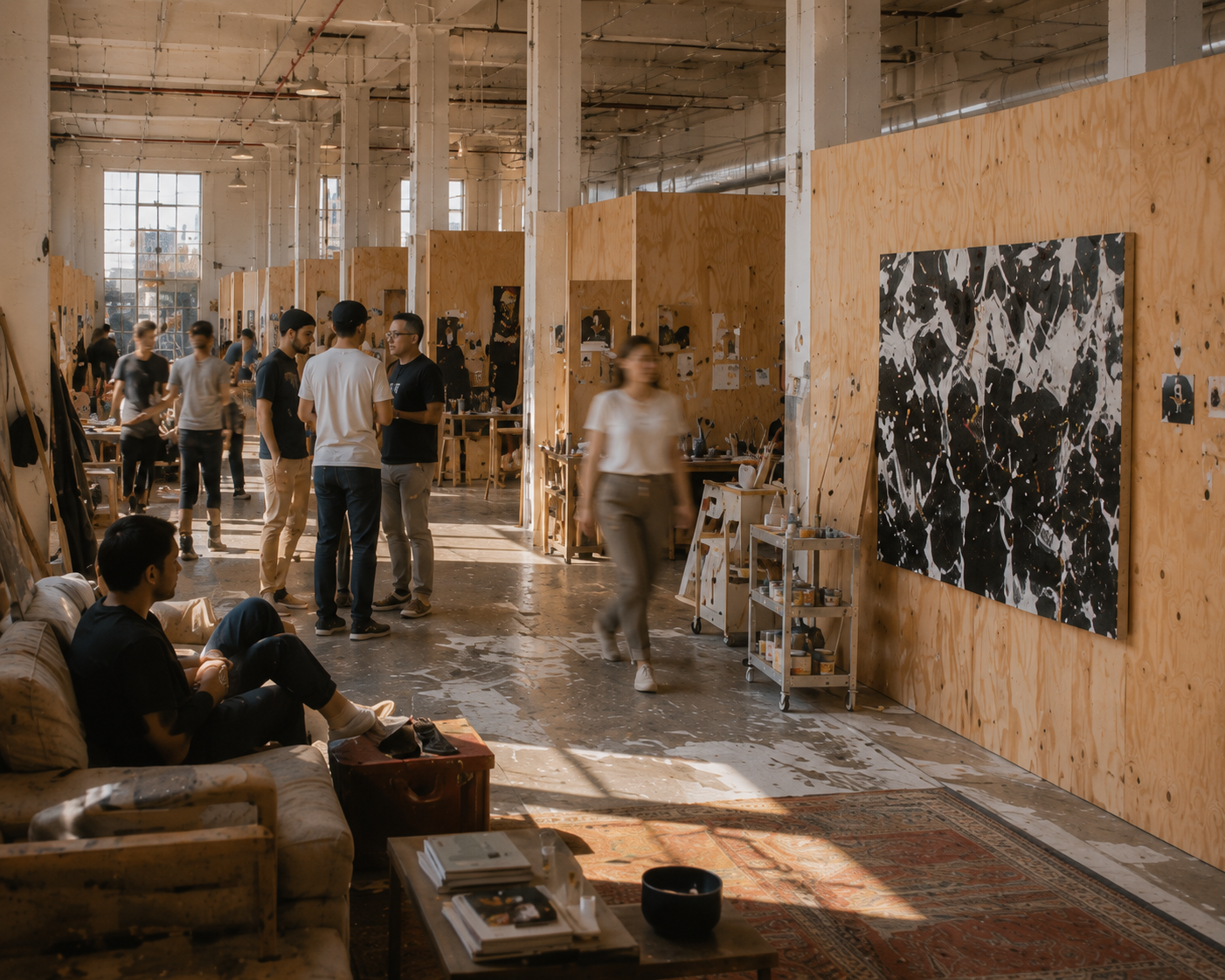 A communal lounge inside an Atelier floor — couches, rugs, and members