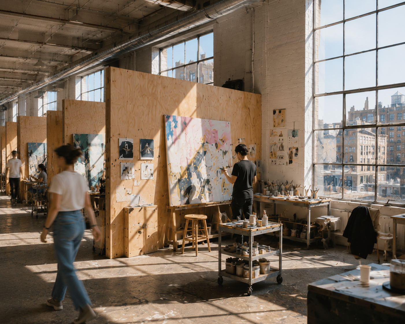 An artist painting in a sun-lit Atelier studio with plywood partitions