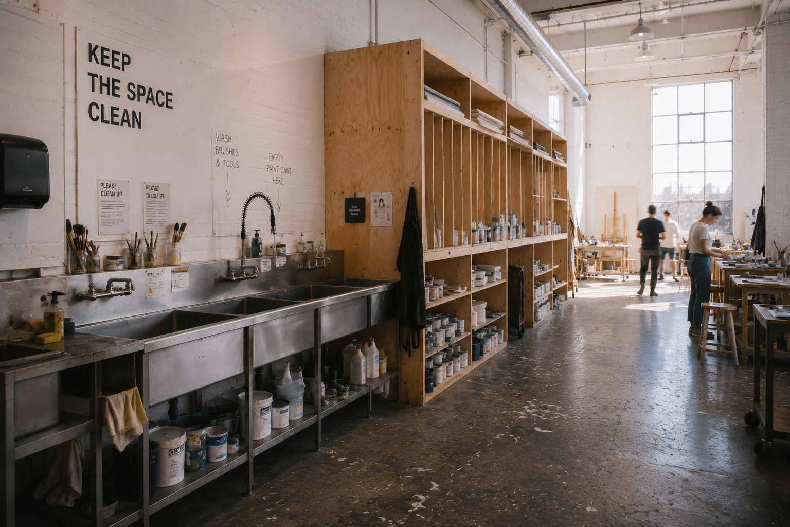 Communal sink station and supply shelves — Keep the space clean